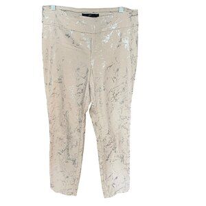 Up! Khaki Beige & Silver Metallic Printed Slim Pants Womens Size 14 Rayon Blend